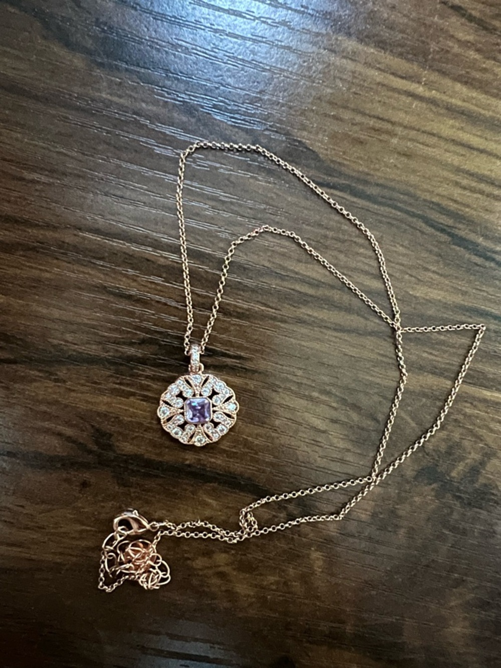 Rose Gold Floral Halo Necklace with Purple Center Stone